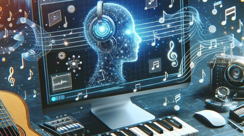 Interface de inteligência artificial exibindo composição musical com notas e formas de onda ao lado de um teclado de piano.