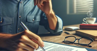 Músico concentrado analisando um contrato de música em sua mesa, com uma caneta na mão e itens pessoais que sugerem uma sessão de trabalho prolongada.