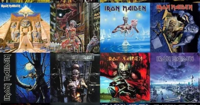 Tabela colorida detalhando a discografia do Iron Maiden, incluindo álbuns com fundo temático de heavy metal.