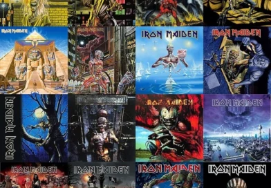 Tabela colorida detalhando a discografia do Iron Maiden, incluindo álbuns com fundo temático de heavy metal.